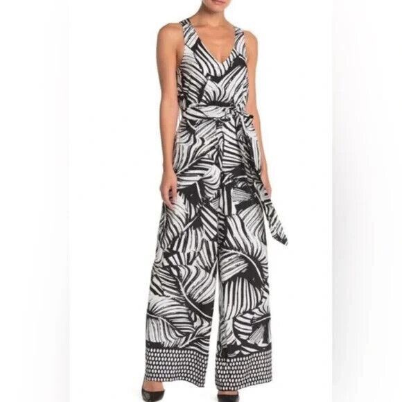 Julia Jordan NWT Palm Leaf Print Sleeveless V Neck Jumpsuit Black White Size 10 - Picture 1 of 6